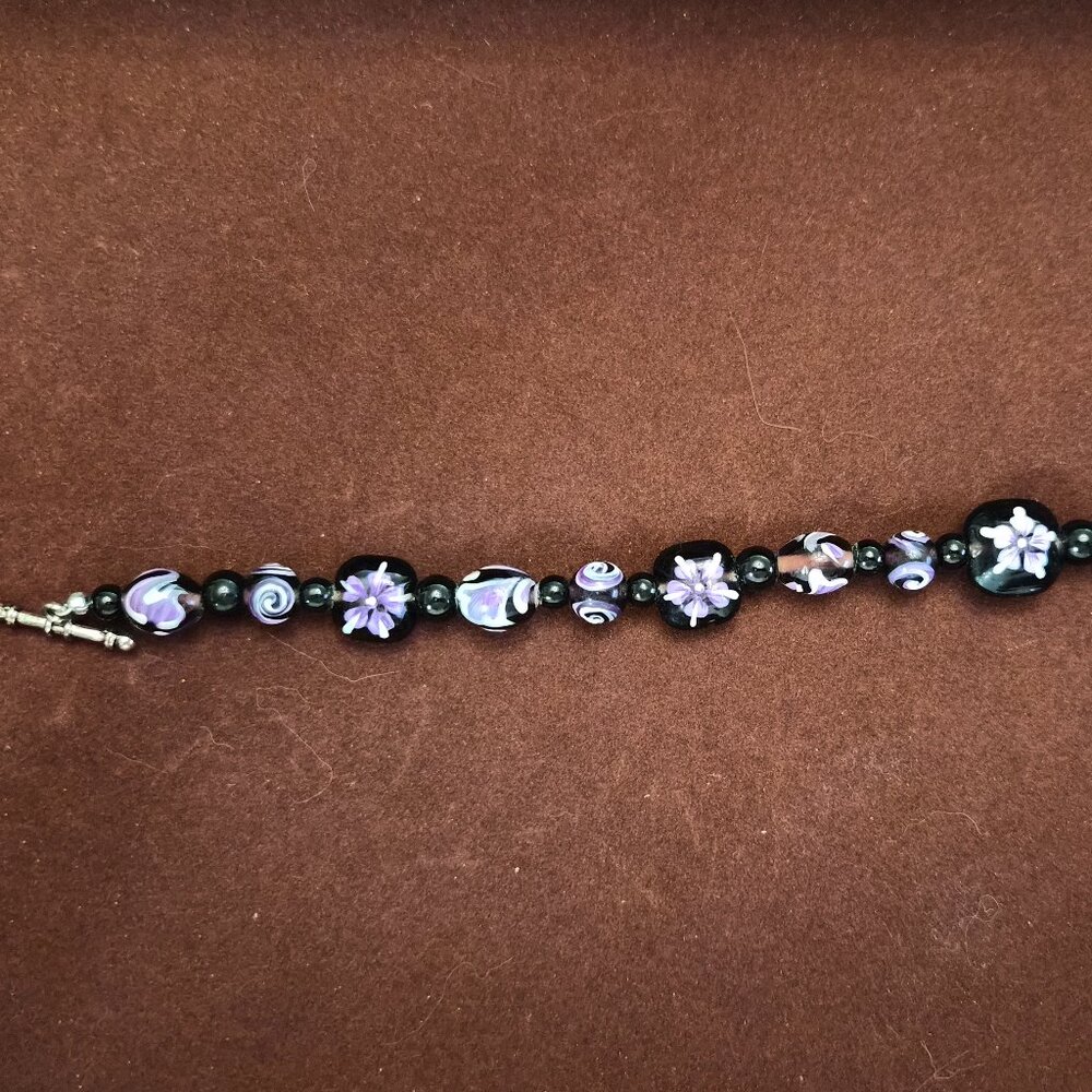 Handpainted Beaded Bracelet 8” Artisan Floral Beads Toggle Clasp Statement Piece
